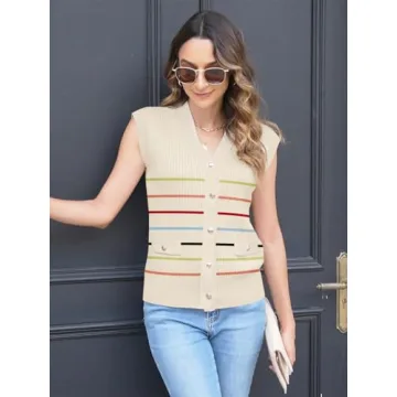Sweaters Vest Tops for Women 2025 Fall Button Down Cardigans Business Casual Outfits Knit Work Short Sleeve Sweater Shirt(L.Stripe Color)