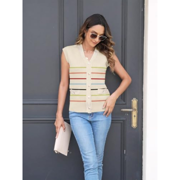 Sweaters Vest Tops for Women 2025 Fall Button Down Cardigans Business Casual Outfits Knit Work Short Sleeve Sweater Shirt(L.Stripe Color)
