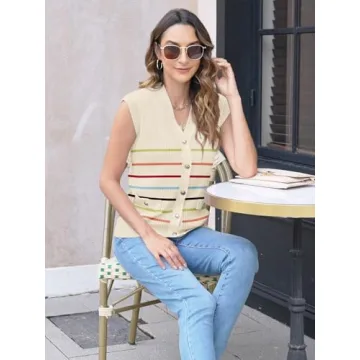 Sweaters Vest Tops for Women 2025 Fall Button Down Cardigans Business Casual Outfits Knit Work Short Sleeve Sweater Shirt(L.Stripe Color)