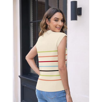 Sweaters Vest Tops for Women 2025 Fall Button Down Cardigans Business Casual Outfits Knit Work Short Sleeve Sweater Shirt(L.Stripe Color)