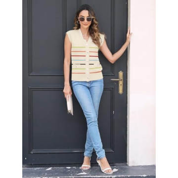 Sweaters Vest Tops for Women 2025 Fall Button Down Cardigans Business Casual Outfits Knit Work Short Sleeve Sweater Shirt(L.Stripe Color)