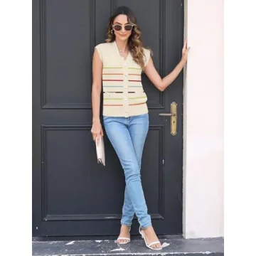 Sweaters Vest Tops for Women 2025 Fall Button Down Cardigans Business Casual Outfits Knit Work Short Sleeve Sweater Shirt(L.Stripe Color)