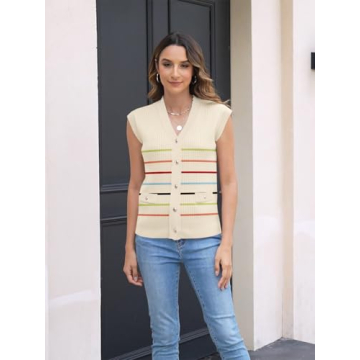 Sweaters Vest Tops for Women 2025 Fall Button Down Cardigans Business Casual Outfits Knit Work Short Sleeve Sweater Shirt(L.Stripe Color)
