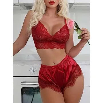 SOLY HUX Women's 2 Piece Lingerie Set Lace Bra Cami Top and Satin Shorts Sleepwear Plain Burgundy S