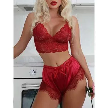 SOLY HUX Women's 2 Piece Lingerie Set Lace Bra Cami Top and Satin Shorts Sleepwear Plain Burgundy S