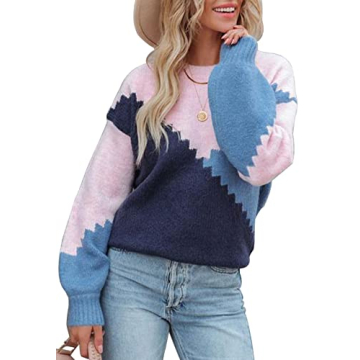 ANCAPELION Women’s Casual Pullover Sweater Winter Round Neck Long Sleeve Jumpers Color Block Knit ...
