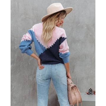 ANCAPELION Women’s Casual Pullover Sweater Winter Round Neck Long Sleeve Jumpers Color Block Knit Pullover Top Loose Fit C-Block Blue Large