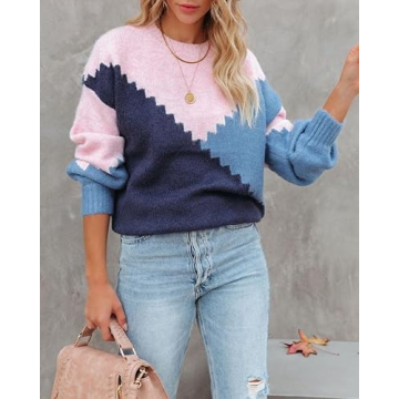 ANCAPELION Women’s Casual Pullover Sweater Winter Round Neck Long Sleeve Jumpers Color Block Knit Pullover Top Loose Fit C-Block Blue Large
