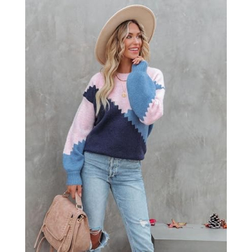 ANCAPELION Women’s Casual Pullover Sweater Winter Round Neck Long Sleeve Jumpers Color Block Knit Pullover Top Loose Fit C-Block Blue Large