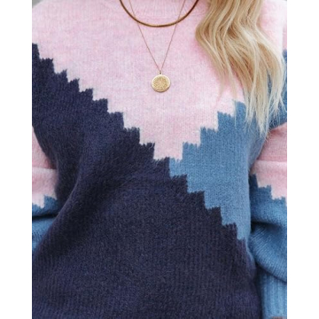ANCAPELION Women’s Casual Pullover Sweater Winter Round Neck Long Sleeve Jumpers Color Block Knit Pullover Top Loose Fit C-Block Blue Large