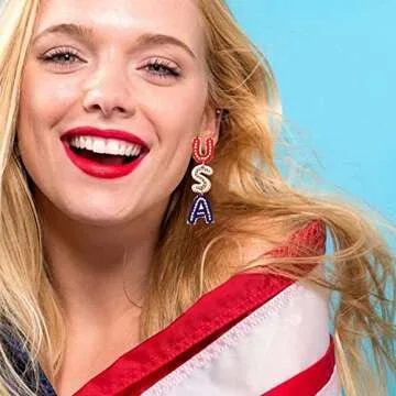 4th of July Earrings, 4th of July Outfits for Women, 4th of July Accessories, Patriotic Letter USA Earrings, Beaded American Flag Star Earrings (USA)