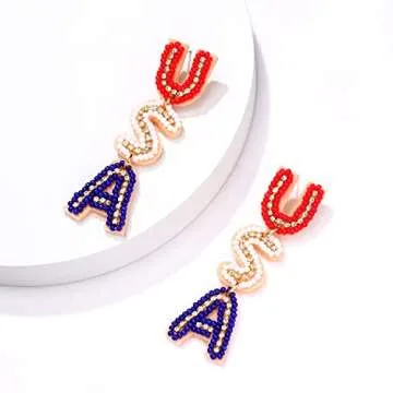 4th of July Earrings, 4th of July Outfits for Women, 4th of July Accessories, Patriotic Letter USA Earrings, Beaded American Flag Star Earrings (USA)