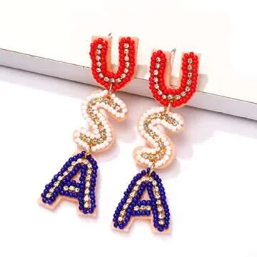 4th of July Earrings, 4th of July Outfits for Women, 4th of July Accessories, Patriotic Letter USA Earrings, Beaded American Flag Star Earrings (USA)
