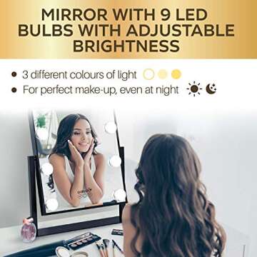 Makeup Vanity Mirror Hollywood Lights Plug in Light-up Professional 3 Color Lighting Modes 15 Dimmab...