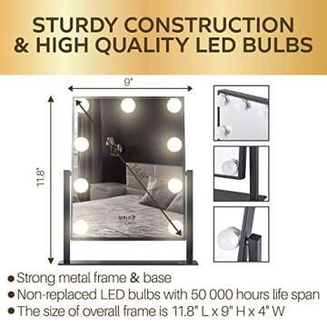 Makeup Vanity Mirror Hollywood Lights Plug in Light-up Professional 3 Color Lighting Modes 15 Dimmable Led Bulbs Dressing Room, Bedroom, Tabletop, Wall-Mounted, Slim Metal Frame Design, Large Size