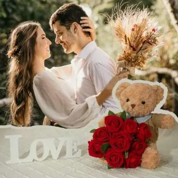 U UQUI Anniversary Flowers Gift for Her, Anniversary Rose Gifts for Wife, Anniversary Basket Gift Ideas, including Rose Flowers Teddy Bear Necklace Tote Bag String Light Balloon Card