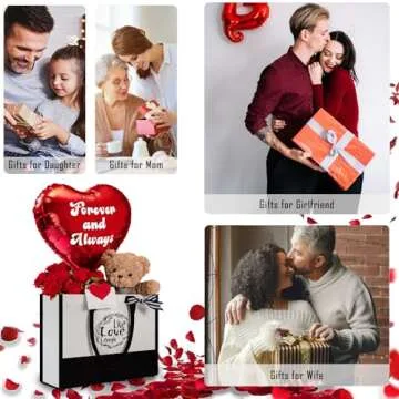 U UQUI Anniversary Flowers Gift for Her, Anniversary Rose Gifts for Wife, Anniversary Basket Gift Ideas, including Rose Flowers Teddy Bear Necklace Tote Bag String Light Balloon Card