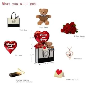 U UQUI Anniversary Flowers Gift for Her, Anniversary Rose Gifts for Wife, Anniversary Basket Gift Ideas, including Rose Flowers Teddy Bear Necklace Tote Bag String Light Balloon Card