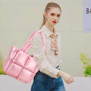 Puffer Tote Bag, Quilted Puffy Purse, Cute Padded Winter Shoulder Bags, Lightweight Down Handbag for Women Work Travel