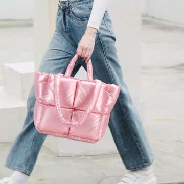 Puffer Tote Bag, Quilted Puffy Purse, Cute Padded Winter Shoulder Bags, Lightweight Down Handbag for Women Work Travel