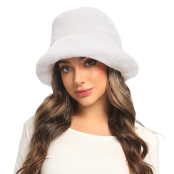 Umeepar Winter Faux Fur Fuzzy Bucket Hat Fluffy Warm Hat for Women Men (US, Alpha, One Size, White)