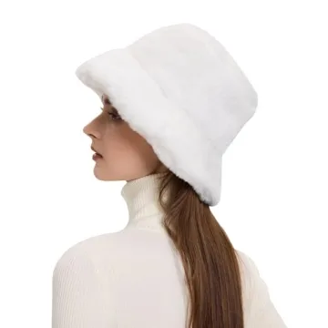 Umeepar Winter Faux Fur Fuzzy Bucket Hat Fluffy Warm Hat for Women Men (US, Alpha, One Size, White)