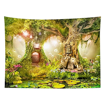 HVEST Fairy Tale Forest Tapestry Wall Hanging Water Lily Pond Magic Trees Houses in Dreamland Tapest...
