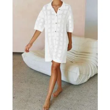 EZAPINE Women Crochet Knit Mini Dress Short Sleeve Semi-Sheer Cover Ups Casual Shirt Dress Summer Be...