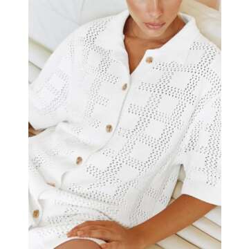 EZAPINE Women Crochet Knit Mini Dress Short Sleeve Semi-Sheer Cover Ups Casual Shirt Dress Summer Beach Wear White