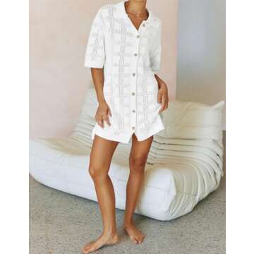 EZAPINE Women Crochet Knit Mini Dress Short Sleeve Semi-Sheer Cover Ups Casual Shirt Dress Summer Beach Wear White