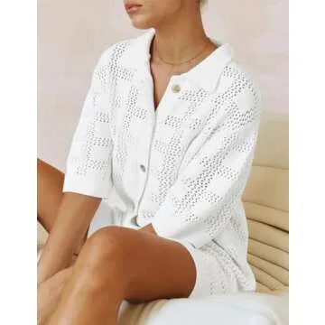EZAPINE Women Crochet Knit Mini Dress Short Sleeve Semi-Sheer Cover Ups Casual Shirt Dress Summer Beach Wear White