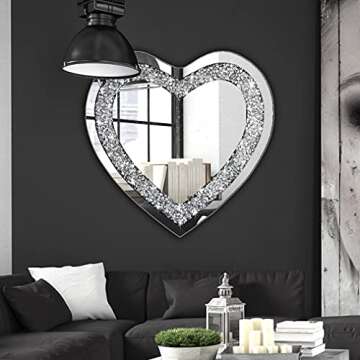 DMDFIRST Crystal Crush Diamond Heart Shaped Silver Mirror for Wall Decoration 20x20x1 inch Wall Hang Frameless Mirror Acrylic Diamond Décor.