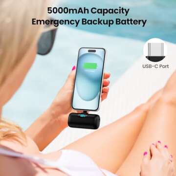 Mini Portable Charger USB C Power Bank,Upgraded 5000mAh PD Fast Charging Battery Pack Built-in USB-C Connector,LCD Display,Compatible with iPhone16,16 Plus,16Pro/Max/15,iPad Pro/Air,Android Phone etc