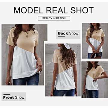 Biucly Women's Summer Casual Sexy Short Sleeve Crewneck Color Block Tee Loose Tops Tshirts for Womens 2025,US 16-18(XL),Apricot,White