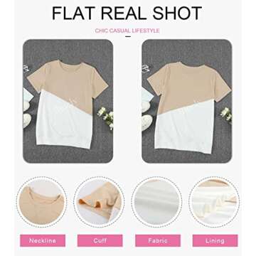 Biucly Women's Summer Casual Sexy Short Sleeve Crewneck Color Block Tee Loose Tops Tshirts for Womens 2025,US 16-18(XL),Apricot,White