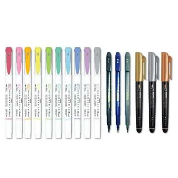Zebra Besties Lettering Brush and Marker Exclusive 16 Piece Set, Includes 1 Each Black Brush Pen in Extra Fine, Fine and Medium Tips, 3 Metallic Brush Pens, and 10 Mildliner Brush/Marker Pens
