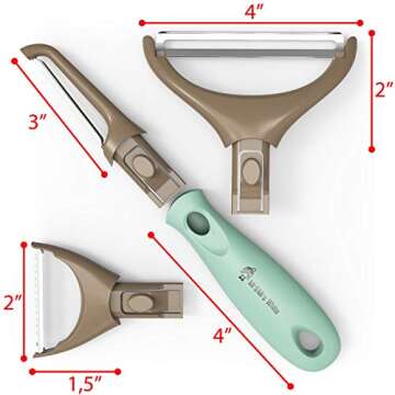 Premium 3-in-1 Vegetable Peeler Set - Sharp Stainless Steel Blades with Interchangeable Handle, Stra...
