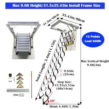 INTBUYING Heavy-Duty Ceiling Folding Loft Ladder - 9.8ft Carbon Steel Stairs with 660LB Capacity