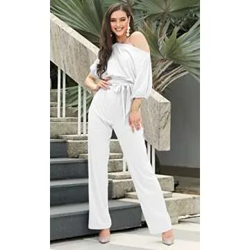 KOH KOH Petite Womens One Shoulder Short Sleeve Sexy Wide Leg Long Pants One Piece Jumpsuit Jumpsuits Pant Suit Suits Romper Rompers Playsuit Playsuits, Ivory White S 4-6