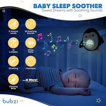 Bubzi Co Portable Penguin Baby Soother & Night Light Projector, Comforting Electronic Infant Toddler...