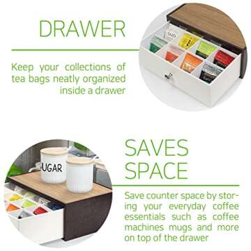 J JACKCUBE DESIGN Tea Bag Organizer for Countertop with Drawer, Tea Storage Organizer with 12 Compartments(Brown/White) - MK353A