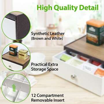 J JACKCUBE DESIGN Tea Bag Organizer for Countertop with Drawer, Tea Storage Organizer with 12 Compartments(Brown/White) - MK353A