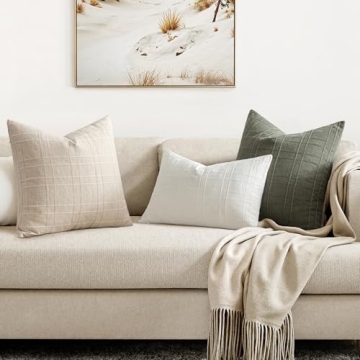 MIULEE Decorative Linen Check Throw Pillow Covers Neutral Farmhouse Vintage Pillow Covers 20x20 Inch Set of 2 Boho Modern Home Decor for Sofa Couch Bedroom Cushion Chair Natural Beige