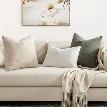 MIULEE Decorative Linen Check Throw Pillow Covers Neutral Farmhouse Vintage Pillow Covers 20x20 Inch Set of 2 Boho Modern Home Decor for Sofa Couch Bedroom Cushion Chair Natural Beige