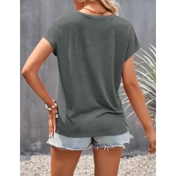 MEROKEETY Women's Casual Cap Sleeve Lace Trim V Neck Tops 2025 Summer Loose Tee Shirts Blouse, Grey, Large