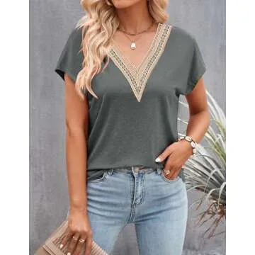 MEROKEETY Women's Casual Cap Sleeve Lace Trim V Neck Tops 2025 Summer Loose Tee Shirts Blouse, Grey, Large