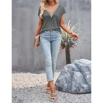 MEROKEETY Women's Casual Cap Sleeve Lace Trim V Neck Tops 2025 Summer Loose Tee Shirts Blouse, Grey, Large