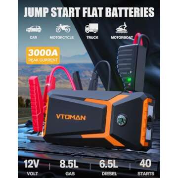 VTOMAN V8 Pro 3000A Jump Starter, Car Battery Charger Jump Starters for Up 8.5L Gas and 6.5L Diesel ...
