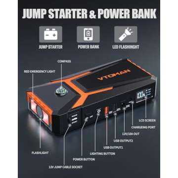 VTOMAN V8 Pro 3000A Jump Starter, Car Battery Charger Jump Starters for Up 8.5L Gas and 6.5L Diesel Engines, 12V Auto Lithium Battery Booster Pack, Portable Jump Box with Jumper Cable LCD Display
