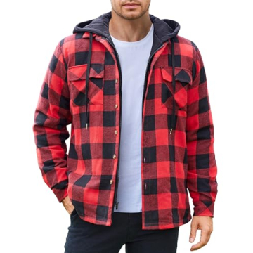 COOFANDY Men's Lined Full Zip Hooded Plaid Shirt Jacket - Cozy Cotton Flannel